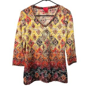 Cristina Large Yellow/Orange Geometric V-Neck Top Rhinestone Cross‎ Distressed